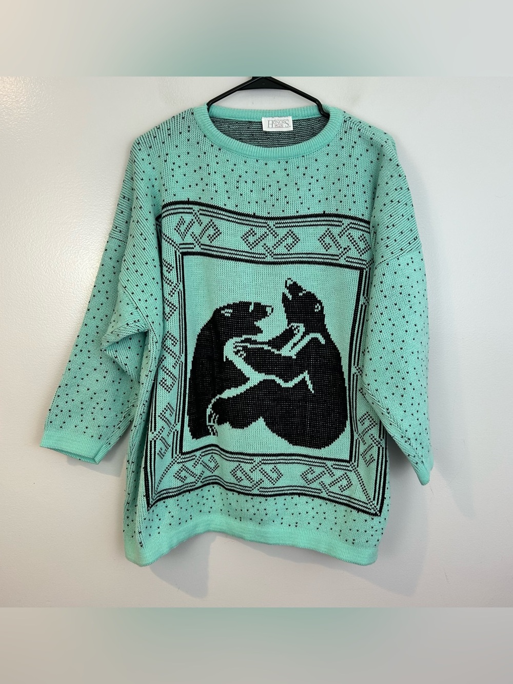Vintage Honors Plus Teal Blue/Black Crewneck Bears and Polka Dot Sweater Size XL